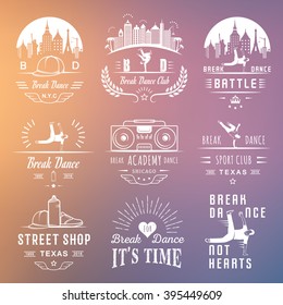 Set of Breakdance Bboy Silhouettes in Different Poses. Collection logo and badges hip-hop school, academy, break dance battle, club, cup and league. Sign Hip-hop, graffiti and street dance.