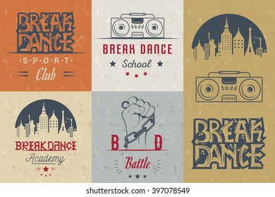 Set of Breakdance Bboy Silhouettes in Different Poses. Collection logo and badges hip-hop school, academy, break dance battle, club, cup and league. Sign Hip-hop, graffiti and street dance.