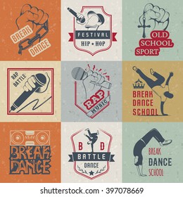 Set of Breakdance Bboy Silhouettes in Different Poses. Collection logo and badges hip-hop school, academy, break dance battle, club, cup and league. Sign Hip-hop, graffiti and street dance.