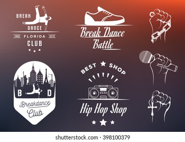 Set of Breakdance Bboy Silhouettes in Different Poses. Collection logo and badges hip-hop school, academy, break dance battle, club, cup and league. Sign Hip-hop, graffiti and street dance.