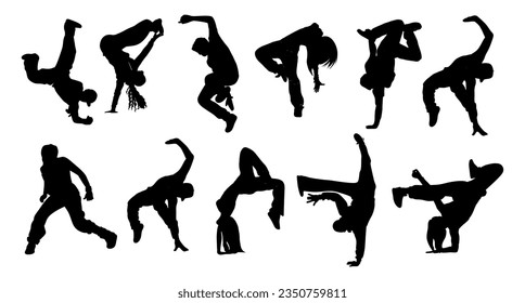 Juego de siluetas de bailarinas de breakdance. Joven chica genial y niño bailando en la calle, hip hop. Iconos adolescentes macho, ilustraciones negras monocromáticas vectoriales aisladas en fondo blanco