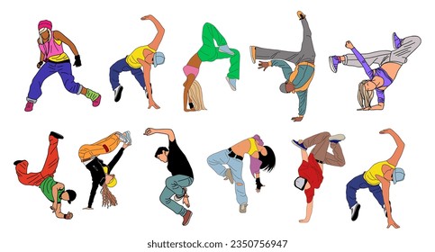 Juego de bailarines de breakdance. Muchacha fresca chica y niño bailando en la calle, hip hop con ropa moderna y brillante. Dibujo vectorial de personajes masculinos y femeninos de dibujos animados aislados en fondo blanco