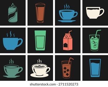 Conjunto de ícones de bebidas de café da manhã, incluindo torrada xícara de café xícara de chá suco de laranja e caixa de leite