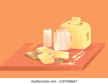 Set of breakfast with bread, juice and spoon and pork.