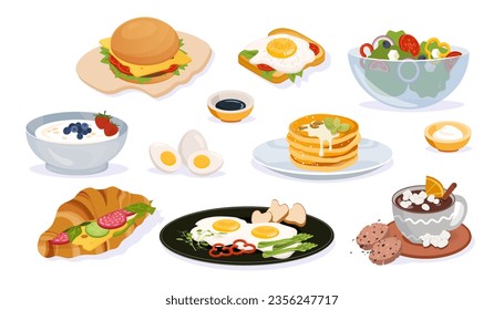 Set of breakfast brunch concept. Milk porridge with strawberry and blueberry. Healthy eating with vitamins. Sandwich and scrambled eggs. Cartoon flat vector collection isolated on white background