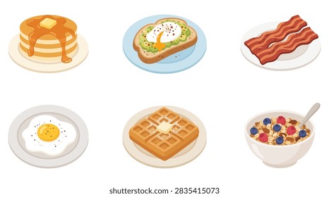 Set of breakfast brunch food items pancakes avocado toast crispy bacon fried egg waffle granola bowl flat vector