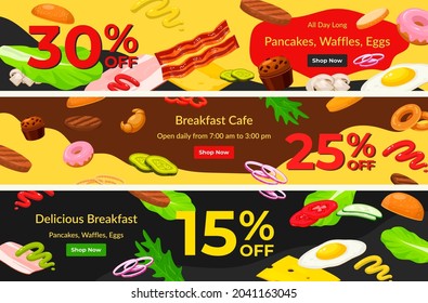 Set of breakfast cafe poster landing page set vector flat illustration. Collection of horizontal placard menu with sale discount for online orders. Traditional delicious brunch pancakes, waffles, eggs