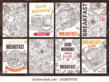 Set of breakfast card. Collection of banners and design for templates, menu. Food vector sketch hand drawn illustrations for layout