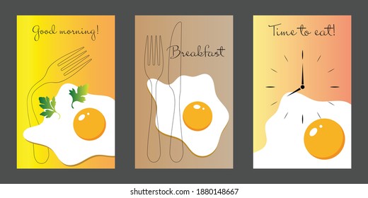 A set of breakfast cards. Scrambled eggs with different items.