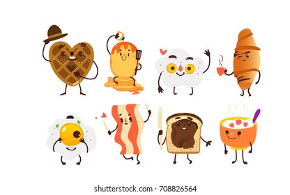 Set of breakfast characters - waffle, toast, croissant, pancake, fried egg, bacon and bowl of oats, cartoon vector illustration isolated on white background. Set of funny smiling breakfast characters