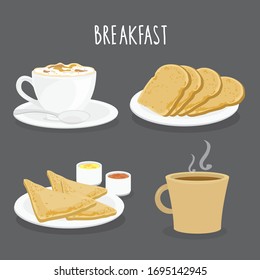 Set of Breakfast, Coffee and Bread Toast. Cartoon Vector