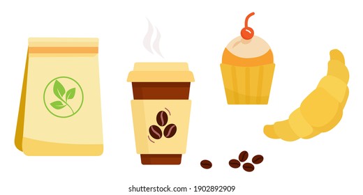 Set. Breakfast coffee. Croissant, cake. Isolated objects. Flet Vector illustration 