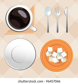 Set for breakfast: cup of coffee, plate, serviette, sugar, spoon, knife, and fork. Vector illustration