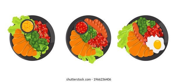 conjunto de platos del desayuno compuesto principalmente de cruasanes con otros ingredientes