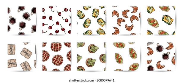 Set of breakfast doodles seamless patterns. Cute cartoon tasty croissants and other brunch food repeatable texture background tiles collection. Cozy template of illustrations for wrapping wallpaper
