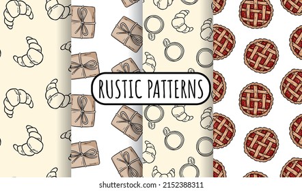 Set of breakfast doodles seamless patterns. Cute cartoon tasty croissants and other brunch food repeatable texture background tiles collection. Cozy template of illustrations for wrapping wallpaper