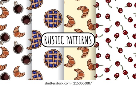 Set of breakfast doodles seamless patterns. Cute cartoon tasty croissants and other brunch food repeatable texture background tiles collection. Cozy template of illustrations for wrapping wallpaper