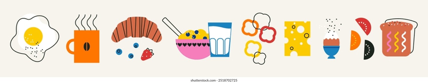 Set of breakfast elements. Appetising food collection. Good morning poster. Doodle vector illustration with cheese, veggies, coffee, egg. Wide background for poster, cover design. Healthy food concept