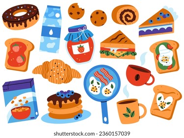 Conjunto de elementos para el desayuno. Fotos de bocadillos, tostadas, tarta, mermelada, huevos fritos, crepes, leche, té, café. Ilustración vectorial plana.