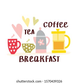 Set of breakfast elements isolated on white background. French press, coffee and tea makers, cup, pot. Flat style icons. Vector illustration.