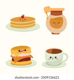 Set of breakfast elements in kawaii style. Flat hand drawn pancake, honey, egg mcmuffin, hot chocolate. Suitable for flat design graphic illustration, clip art, stickers, stickers, cards, etc 