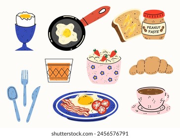 Conjunto de alimentos con desayuno. Colección de varios alimentos: huevos, mantequilla de maní, croissant, cereales, café, zumo de naranja, cubiertos. Ilustración de dibujo de mano de Vector para diseño  