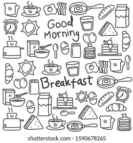 Set of breakfast food doodle vector illustration. Breakfast doodle background 