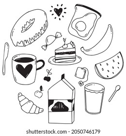 Set of breakfast food doodle vector illustration. Breakfast doodle background