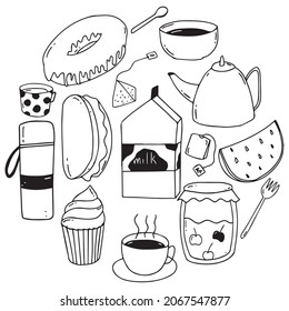 Conjunto de ilustraciones vectoriales del doodle de desayuno. Fondo del doodle del desayuno