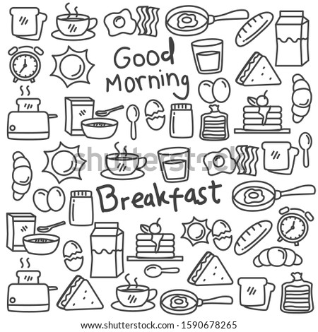 Set of breakfast food doodle vector illustration. Breakfast doodle background 