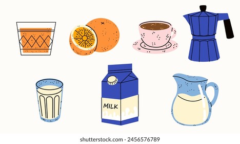 Set of with breakfast food and drinks. Collection of various food: milk, coffee, orange juice, orange, coffee pot. Vector hand draw illustration for design. Isolated on a white background.
