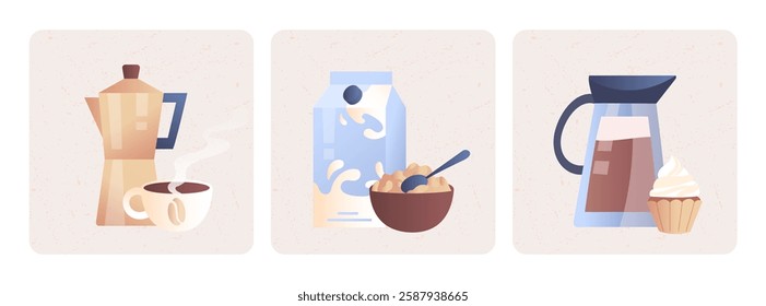 A set of breakfast food and drinks, including coffee, milk, cereal, and cupcakes, shown in a soft pastel style on a light background. Concept of morning meals. Vector illustration