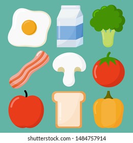 set of breakfast food and drinks isolated on blue background. vector Illustration.
