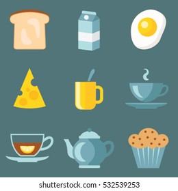 Set Of Breakfast Food Flat Icons Isolated On Grey Background. Milk, Egg, Bread, Cheese, Cup Of Tea, Cupcake Vector Illustratuion