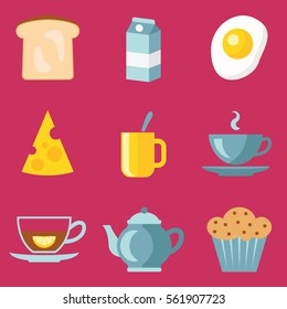 Set of breakfast food flat icons isolated on pink background. Milk, egg, bread, cheese, cup of tea, cupcake vector illustratuion