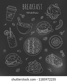 Set of breakfast food illustrations with editable stroke on the blackboard. Healthy menu design in black and white colors. Vector