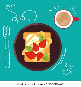 Set of breakfast food on bright background in flat design style. Doodle elements. Flat sandwich and beverage. Breakfast time. Vector illustration.
