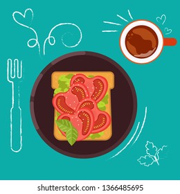 Set of breakfast food on bright background in flat design style. Doodle elements. Flat sandwich and beverage. Breakfast time. Vector illustration.