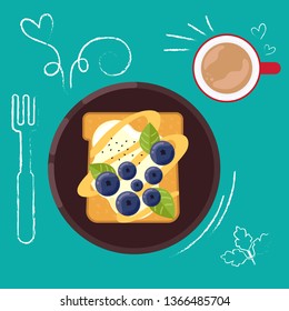 Set of breakfast food on bright background in flat design style. Doodle elements. Flat sandwich and beverage. Breakfast time. Vector illustration.