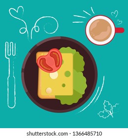 Set of breakfast food on bright background in flat design style. Doodle elements. Flat sandwich and beverage. Breakfast time. Vector illustration.
