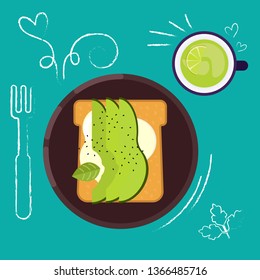 Set of breakfast food on bright background in flat design style. Doodle elements. Flat sandwich and beverage. Breakfast time. Vector illustration.