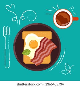 Set of breakfast food on bright background in flat design style. Doodle elements. Flat sandwich and beverage. Breakfast time. Vector illustration.