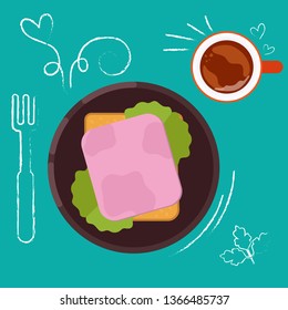 Set of breakfast food on bright background in flat design style. Doodle elements. Flat sandwich and beverage. Breakfast time. Vector illustration.