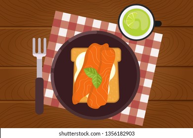 Set of breakfast food on wooden surface background in flat design style. Breakfast time. Vector illustration.