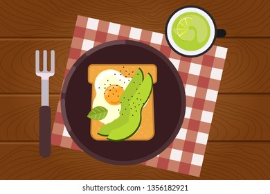 Set of breakfast food on wooden surface background in flat design style. Breakfast time. Vector illustration.