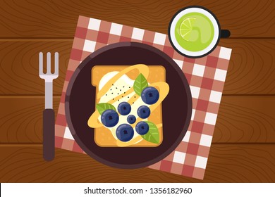 Set of breakfast food on wooden surface background in flat design style. Breakfast time. Vector illustration.