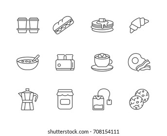 Set of breakfast and food related line icons set with coffee, sandwich, pancakes, croissant, cereals, toast, fries eggs, jam, cookies, tea cup. 