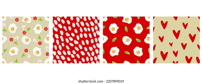 Set of breakfast food seamless patterns with fried egg, mushrooms, tomatoes and basil leaves. Kitchenwear surface design collection.