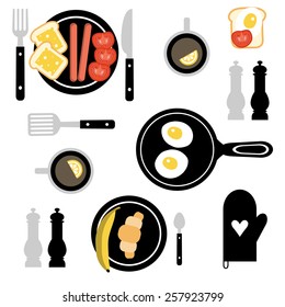 Set of breakfast food. Vector hand drawn illustration. Used for kitchen, cafe stuff, wallpaper, pattern fills, web page background, surface textures.