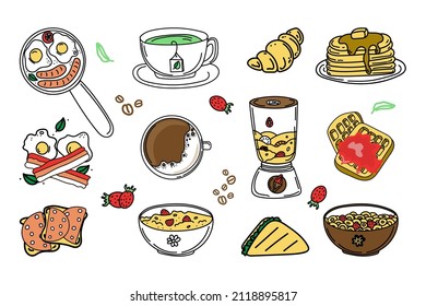 A set of breakfast foods and drinks. Hand-drawn doodle-style elements. Breakfast. Good Morning. Pancakes on a plate, waffles, porridge with berries, cereal, coffee and tea. Simple vector in doodle.